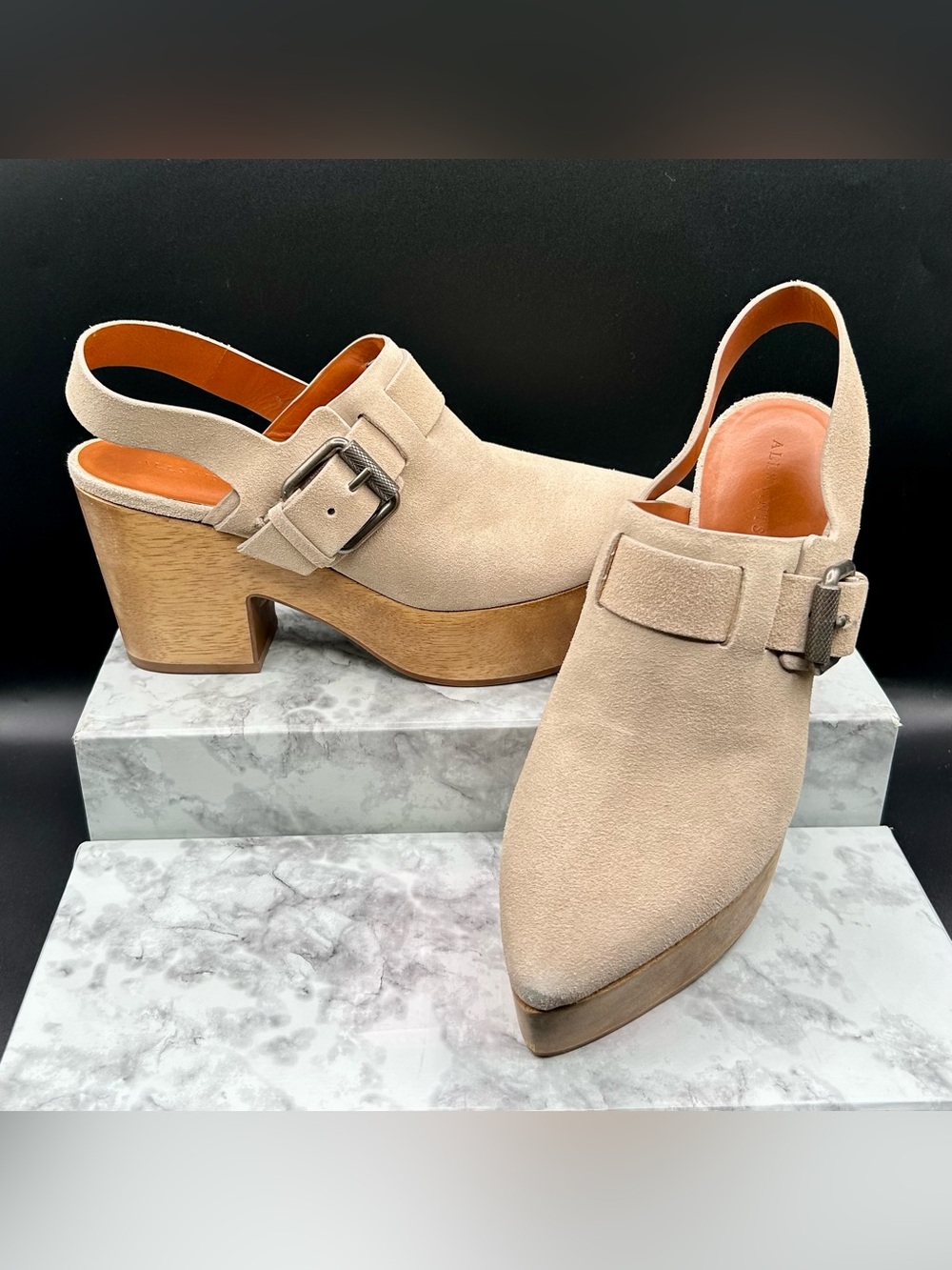 ALL SAINTS Yuki Suede Platform Clog in Brown Suede-Wooden Heel. EU size 39